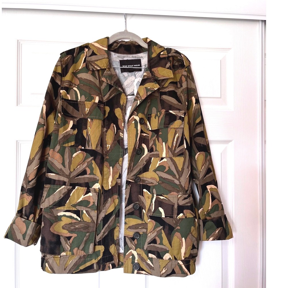 Who What Wear Women Medium Abstract Leaf Camo Utility Military Jacket Green